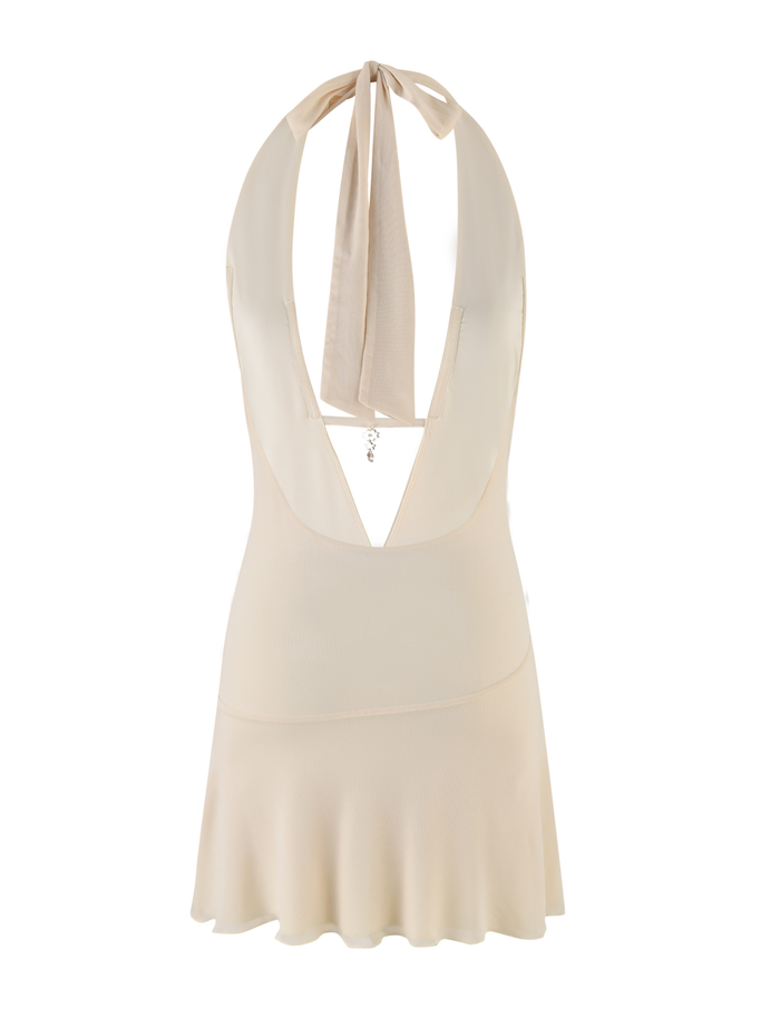 The BROOKS DRESS by TIGERMIST is a sleeveless cream floral halter mini with a plunging neckline, open back, flared hem, wide neck ties, and subtle waist seam.