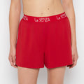 Brush Jersey Shorts with art deco logo in Crimson