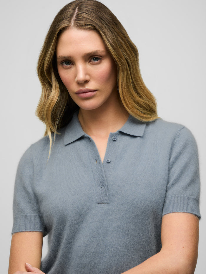 Bluestone Cashmere Polo Sweater - Close-Up Front Detail, Polo Collar & Buttons | Greyson Clothiers