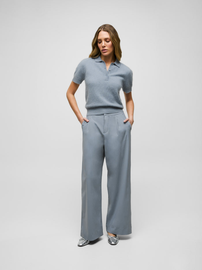 Bluestone Cashmere Short Sleeve Polo - Three-Quarter Front View On Model | Greyson Clothiers