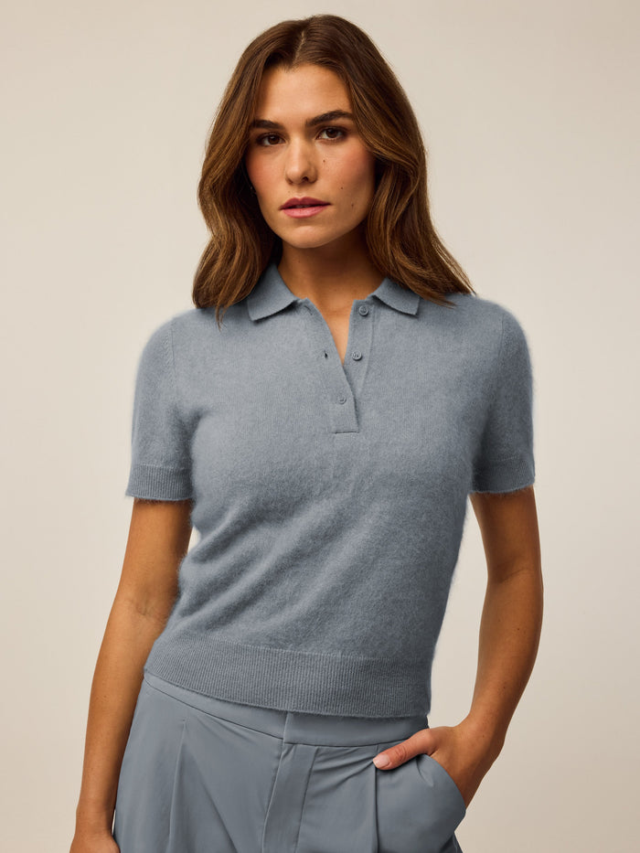 Bluestone Brushed Bardot Cashmere Short Sleeve Sweater - Front Close-Up, Collar Detail | Greyson Clothiers