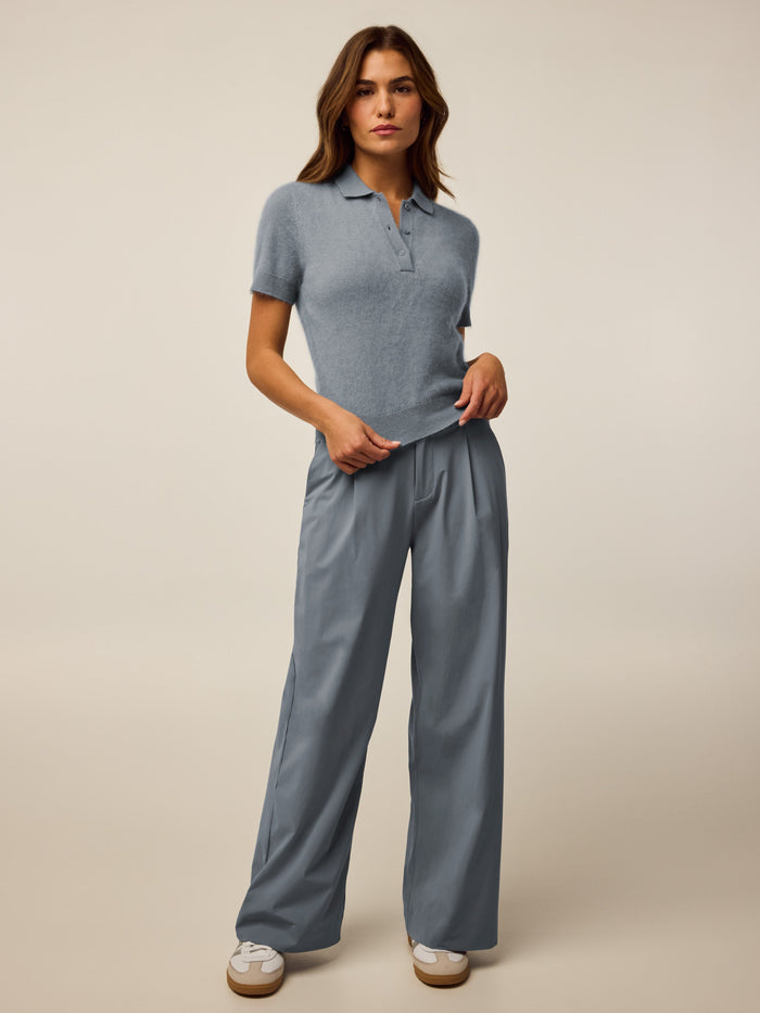 Bluestone Brushed Bardot Cashmere Short Sleeve Sweater - Full Length Front View, Styled Look | Greyson Clothiers