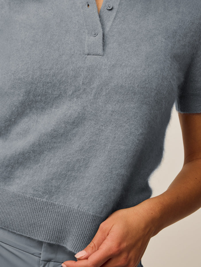 Bluestone Brushed Bardot Cashmere Short Sleeve Sweater - Fabric Texture & Placket Detail | Greyson Clothiers
