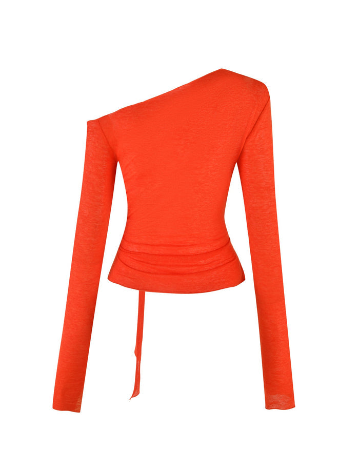 Introducing the BRYNA JUMPER by TIGERMIST—a stunning red long-sleeve off-the-shoulder top featuring an asymmetrical neckline, cinched waist, and an extra-long waist tie hanging down. This fashionable piece is crafted from comfortable knit fabrication, perfect for any occasion.