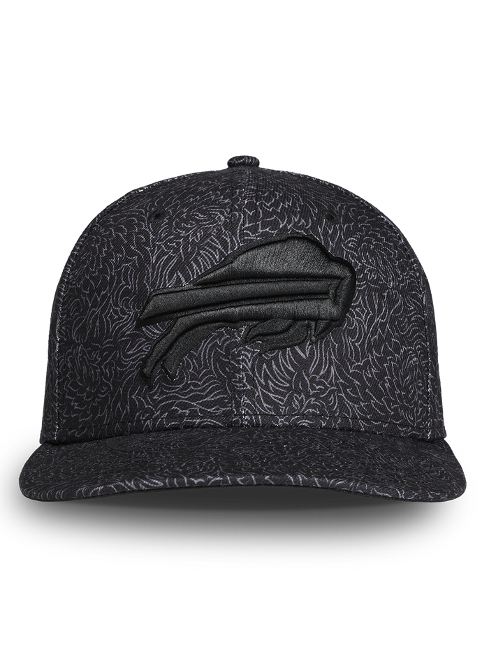 Buffalo Bills Den of Thieves 9Fifty Snapback, black allover pattern, raised tonal Bills logo - Front View | Greyson Clothiers
