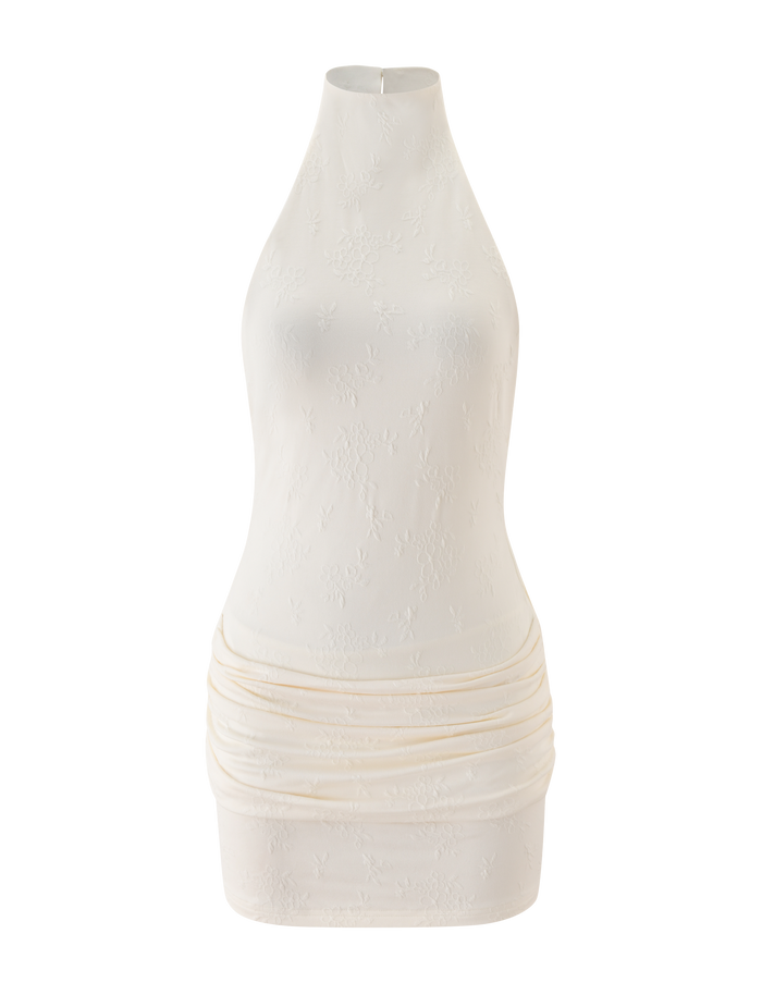 The TIGERMIST CAITLIN MINI DRESS in cream features a sleeveless, high-neck design with subtle floral jacquard texture and delicate skirt ruching, shown on a plain white background.