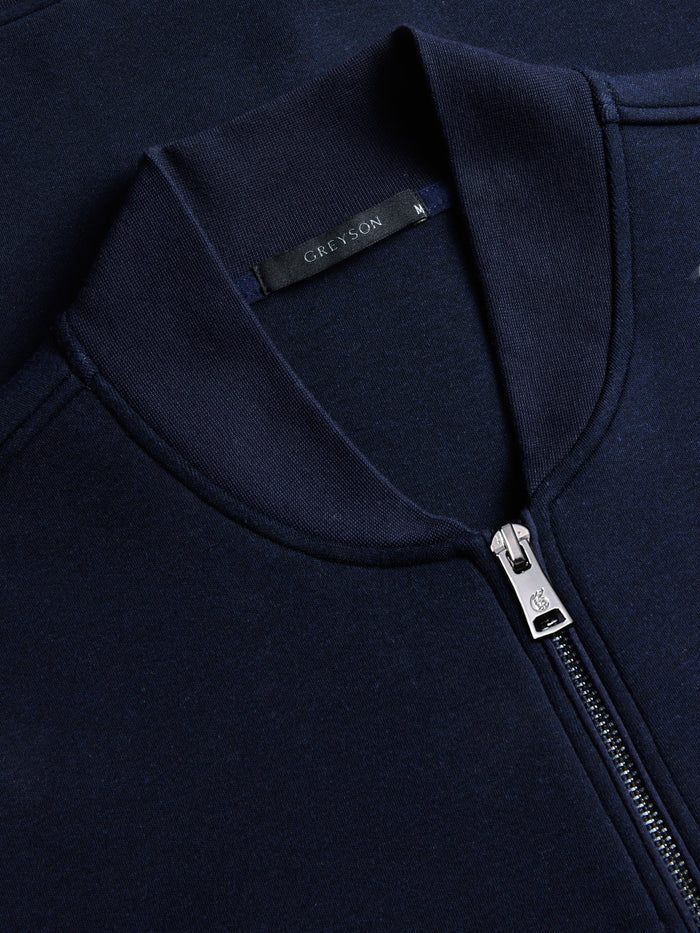 Calgary Luxe Bomber Jacket Maltese Blue - Ribbed Collar & Metal Zip Detail | Greyson Clothiers