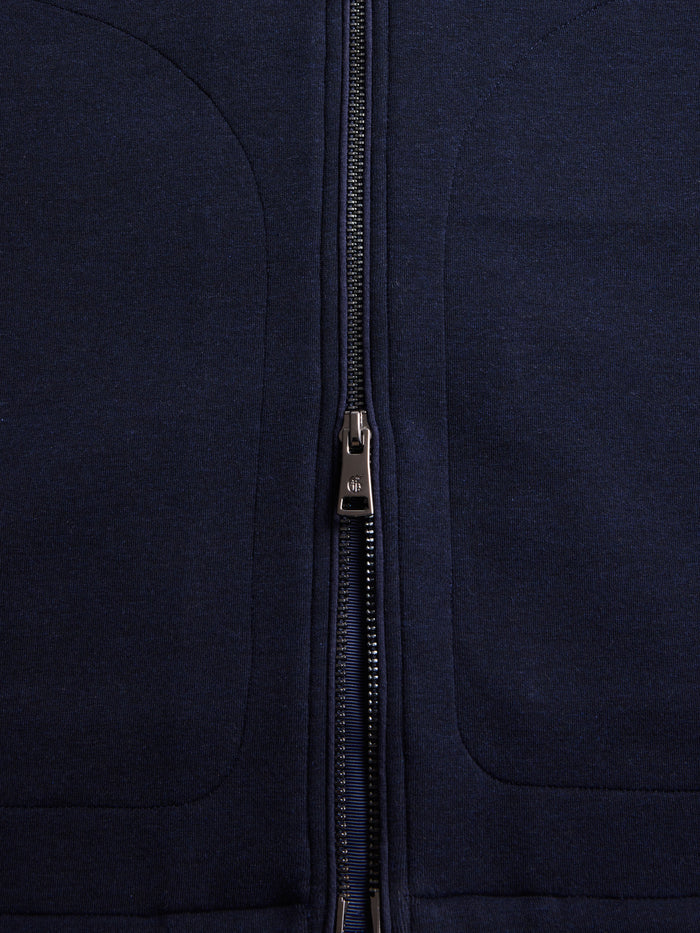 Calgary Luxe Bomber Jacket - Metal Zip Placket Close-Up, Maltese Blue | Greyson Clothiers