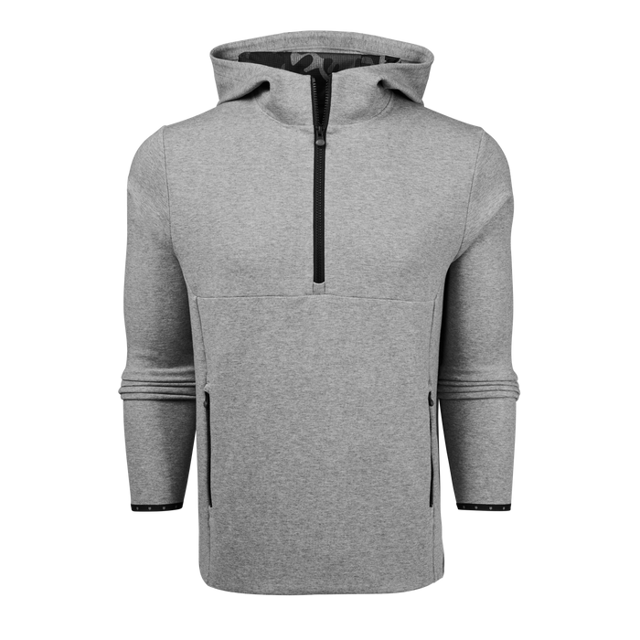 Medium Grey Heather Calgary Quarter-Zip Hoodie - Front View, Camo-Lined Hood, Zippered Pockets | Greyson Clothiers