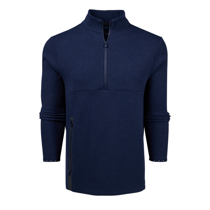 Maltese Blue Cotton Calgary Utility Quarter-Zip - Front View, Side Zip Pocket | Greyson Clothiers