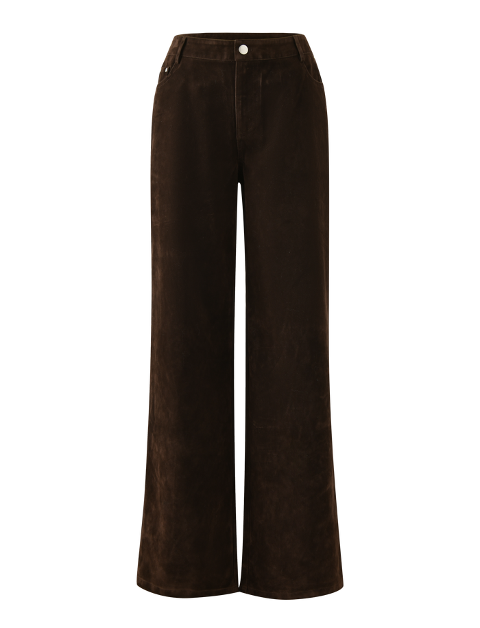 The TIGERMIST CAMELLIA PANT in chocolate suede features a wide-leg, high-waisted vintage wash, front button and zip closure, two side pockets, and a sleek, minimalist design.