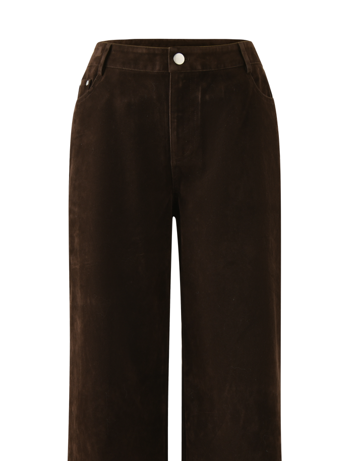 The CAMELLIA PANT - CHOCOLATE SUEDE by TIGERMIST features a high-waisted, wide-leg design with button and zip closure, front pockets, and belt loops, shown against a plain background.