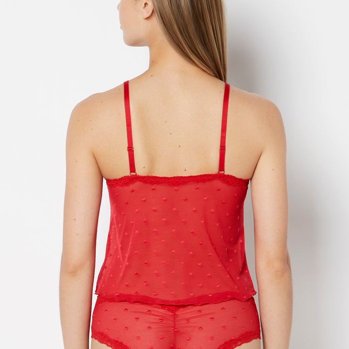 Cami With Heart Mesh And Lace Trim in Crimson