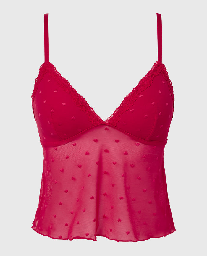Cami With Heart Mesh And Lace Trim in Crimson