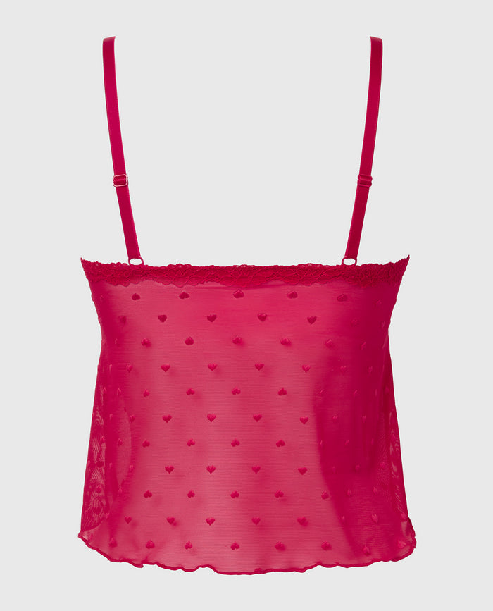 Cami With Heart Mesh And Lace Trim in Crimson