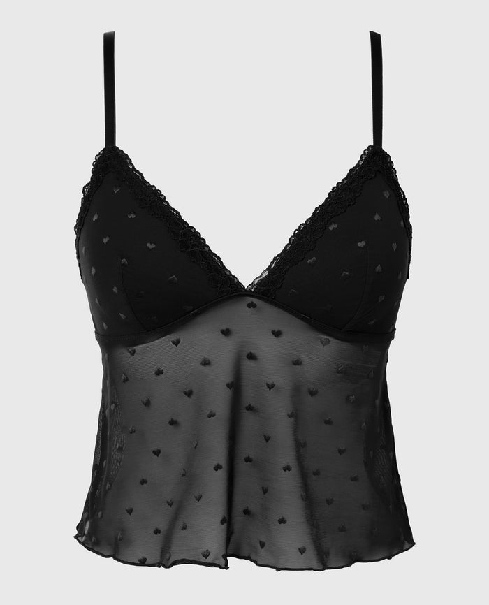 Cami With Heart Mesh And Lace Trim in Tuxedo Black