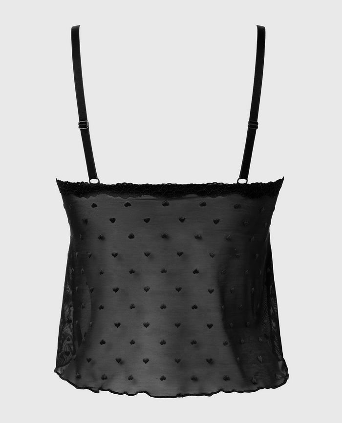 Cami With Heart Mesh And Lace Trim in Tuxedo Black
