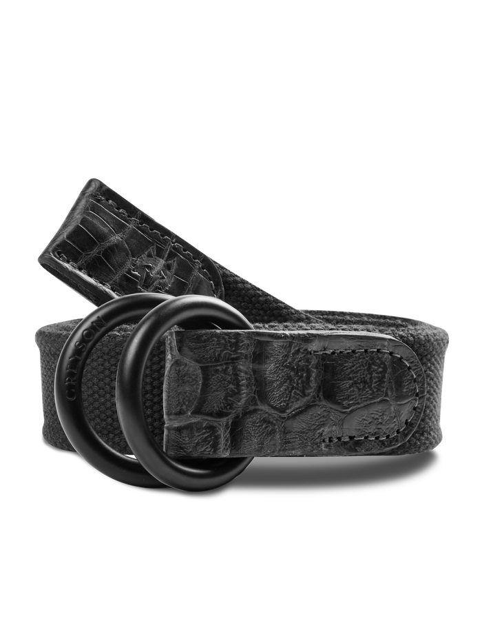 Shepherd Canvas Croc O-Ring Belt in dark colorway - Coiled Front View | Greyson Clothiers