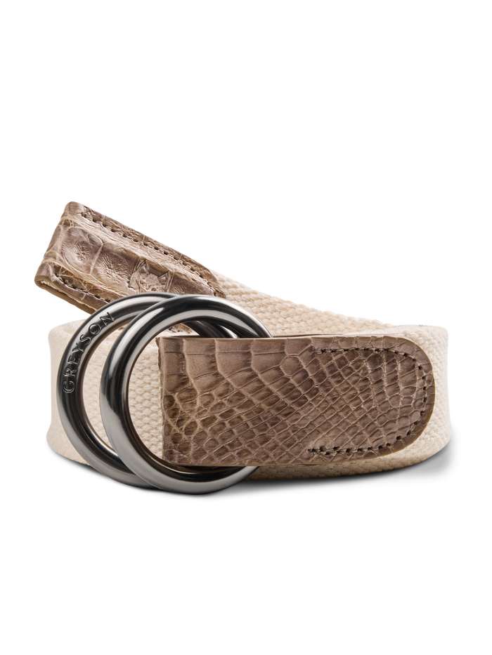 Oat Canvas Croc O-Ring Belt with tan embossed leather accents - Coiled Front View | Greyson Clothiers