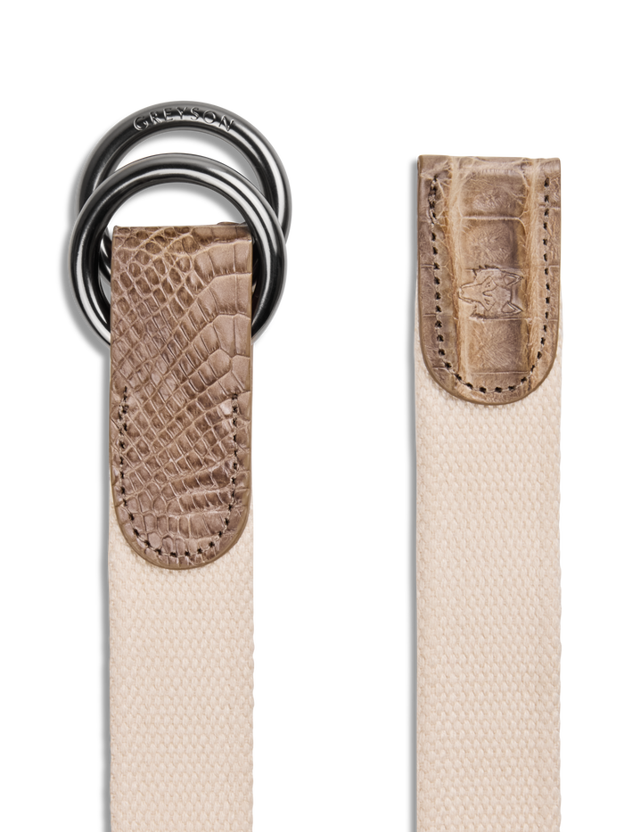 Oat Canvas Croc O-Ring Belt - Croc Leather Tip with Wolf Logo and Buckle Close-Up | Greyson Clothiers