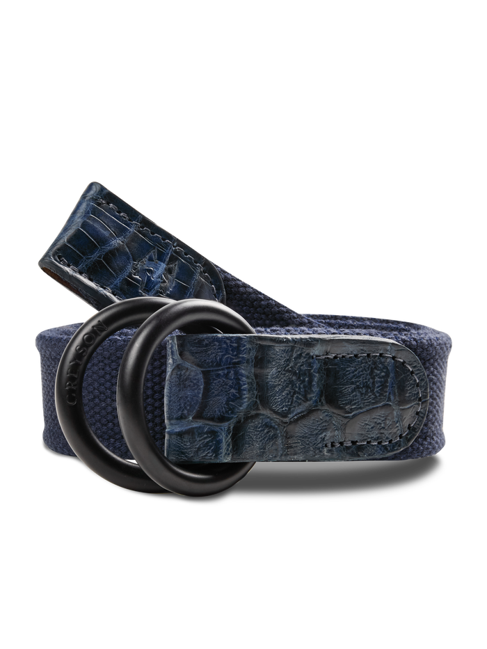 Maltese Blue Canvas Croc O-Ring Belt with navy embossed leather - Coiled Front View | Greyson Clothiers