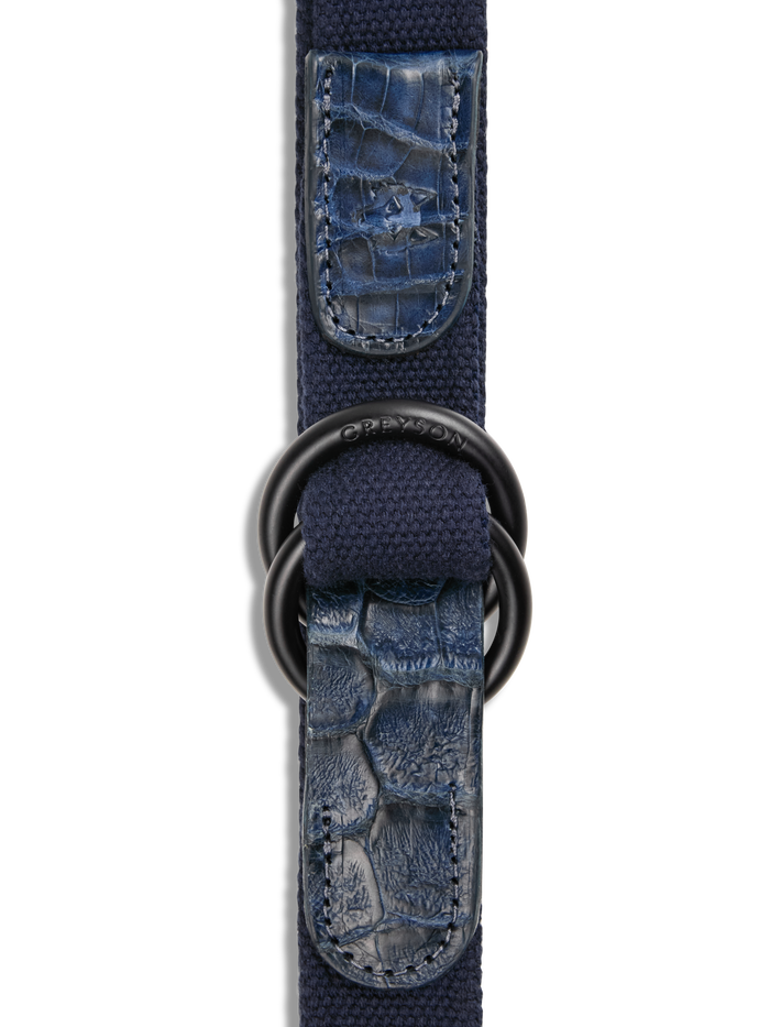 Maltese Blue Canvas Croc O-Ring Belt - Matte Black Buckle and Croc Leather Detail | Greyson Clothiers