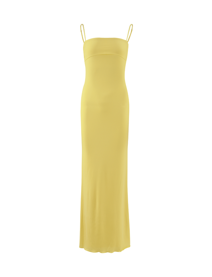 The TIGERMIST CARA DRESS - YELLOW : PASTEL CITRUS is a sleeveless, ankle-length yellow mesh maxi dress featuring thin spaghetti straps and a fitted silhouette, shown on a white background.