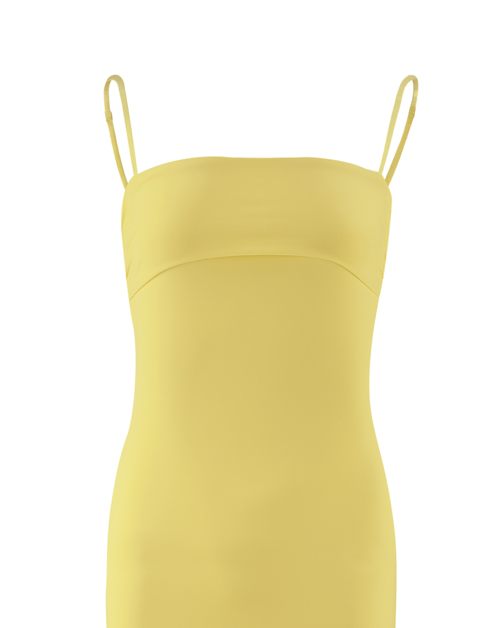 The CARA DRESS - YELLOW : PASTEL CITRUS by TIGERMIST is a yellow, sleeveless bandeau dress with thin straps and a straight neckline, made from stretchy fabric and shown on a plain white background.