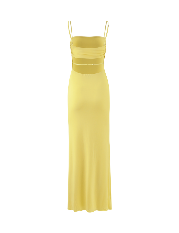 The CARA DRESS - YELLOW : PASTEL CITRUS by TIGERMIST is a long, sleeveless mesh maxi dress with thin straps, fitted bodice, sheer waist panel, and a straight flowing skirt.