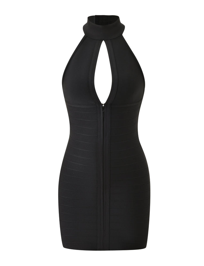 Introducing the TIGERMIST CARINA BANDAGE MINI DRESS in black—a sleeveless mini dress with a bodycon fit, designed with a halter neck and a keyhole cutout at the chest. Featuring a visible front zipper and subtle horizontal ribbing throughout the fabric, this is the perfect little black dress for any occasion.