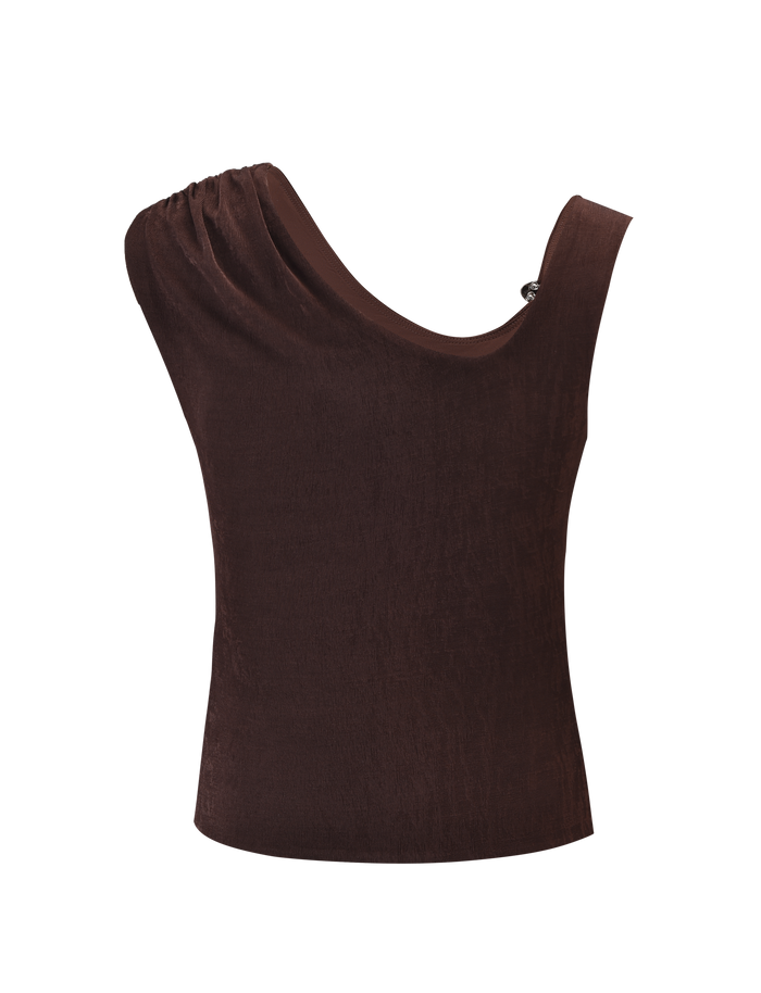 The TIGERMIST CASSIAN TOP in chocolate is a sleeveless tank with an asymmetrical one-shoulder neckline and side-gathered detail, crafted from slinky jersey for a flattering fit.