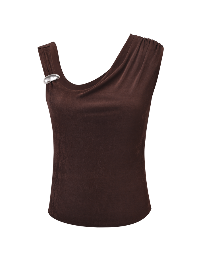 The CASSIAN TOP - CHOCOLATE by TIGERMIST is a sleeveless, chocolate brown velvet tank with an asymmetrical neckline and a silver clasp accent on one shoulder.