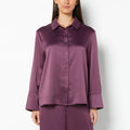 Casual Sleep Hammered Satin Button Down Top in Blackberry Wine