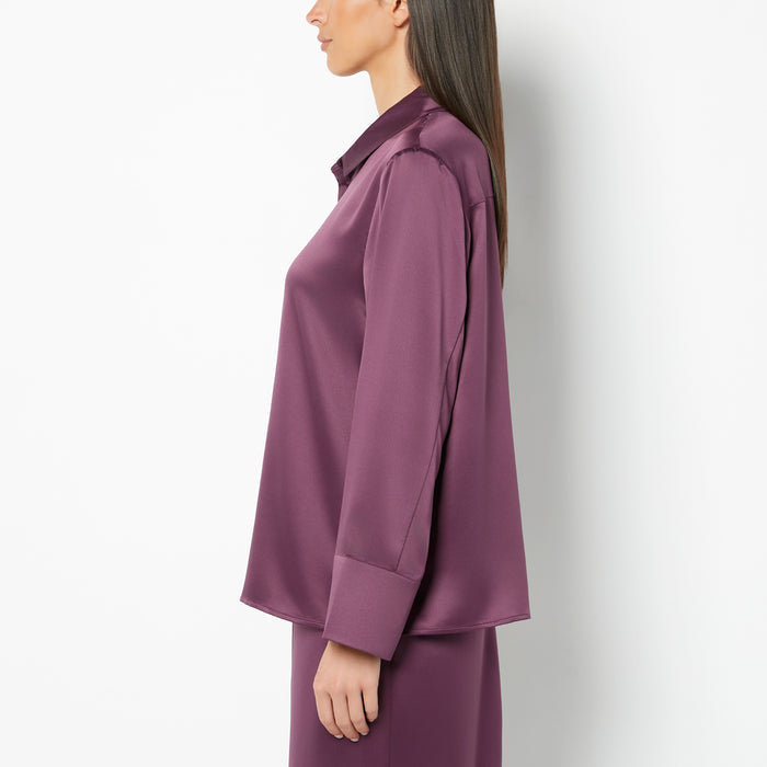Casual Sleep Hammered Satin Button Down Top in Blackberry Wine