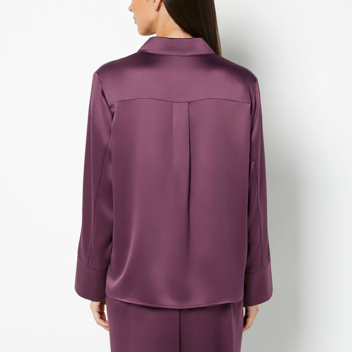 Casual Sleep Hammered Satin Button Down Top in Blackberry Wine