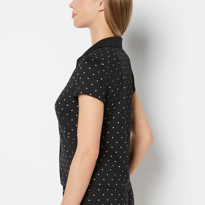 Casual Sleep Jersey Button Up Short Sleeve Top with Picot Trim in Tiny Dot