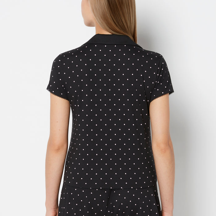 Casual Sleep Jersey Button Up Short Sleeve Top with Picot Trim in Tiny Dot