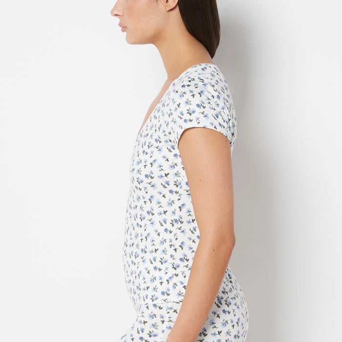 Casual Sleep Jersey V Neck Top With Picot Trim in Breezy Mid Floral