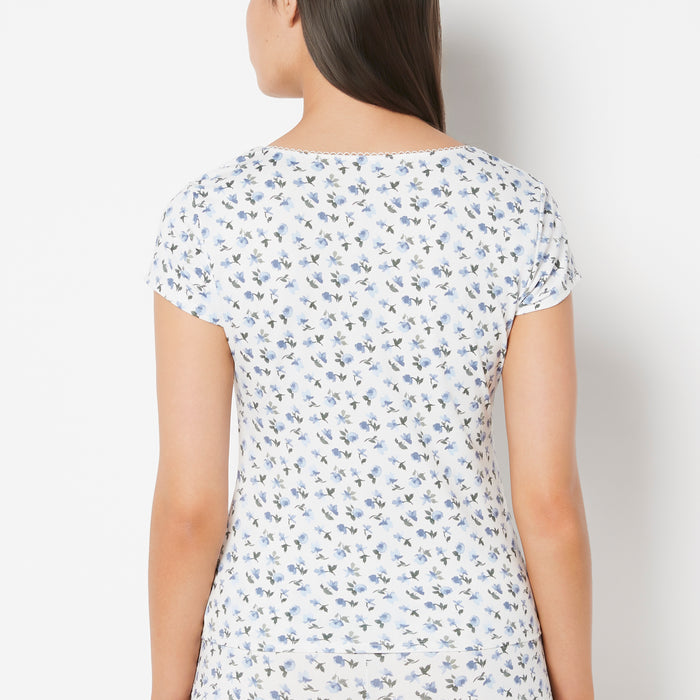 Casual Sleep Jersey V Neck Top With Picot Trim in Breezy Mid Floral