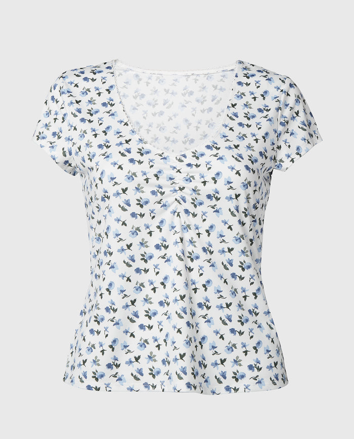 Casual Sleep Jersey V Neck Top With Picot Trim in Breezy Mid Floral