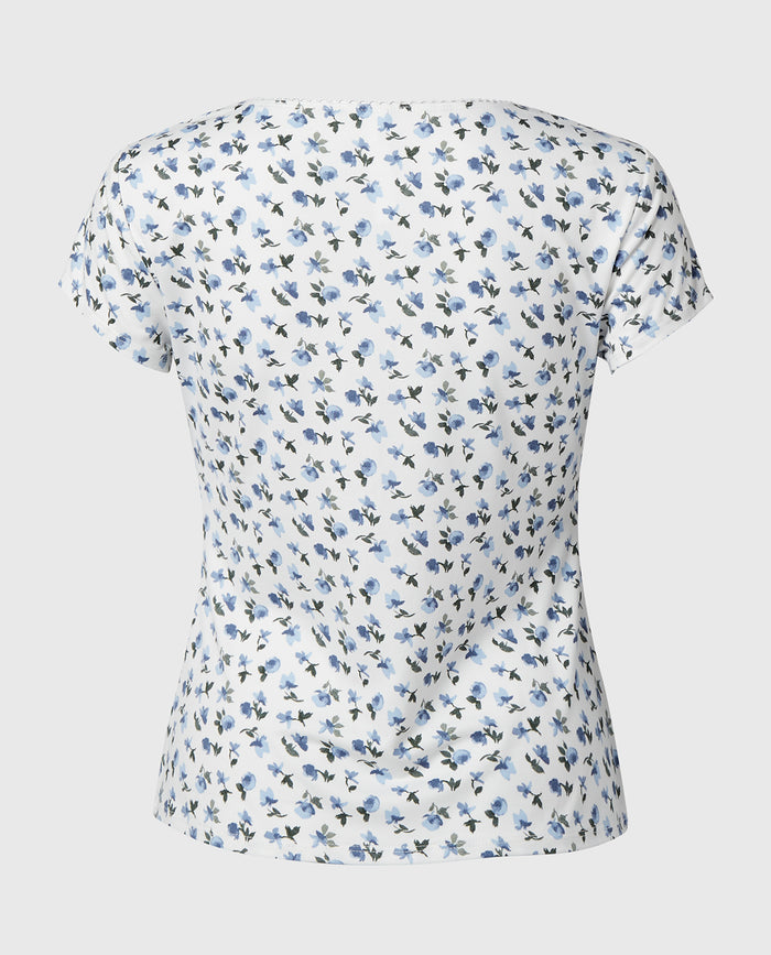 Casual Sleep Jersey V Neck Top With Picot Trim in Breezy Mid Floral