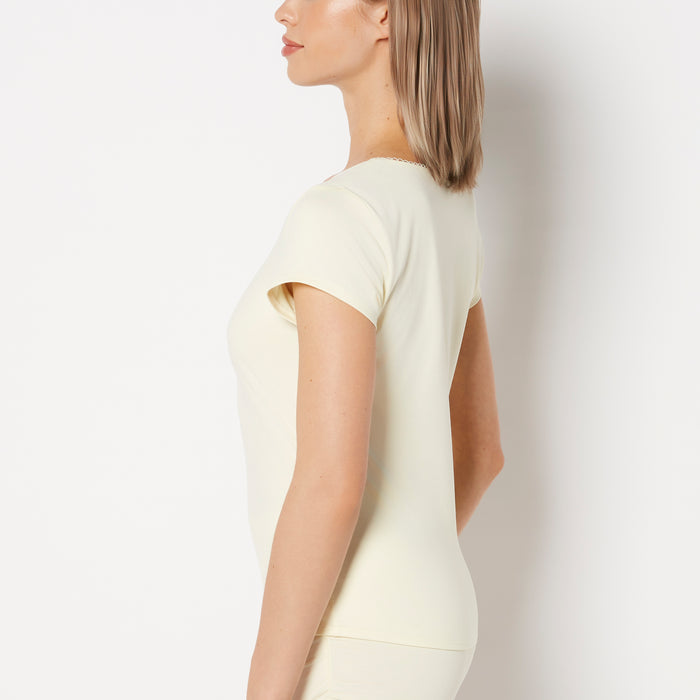 Casual Sleep Jersey V Neck Top With Picot Trim in Lemon Icing