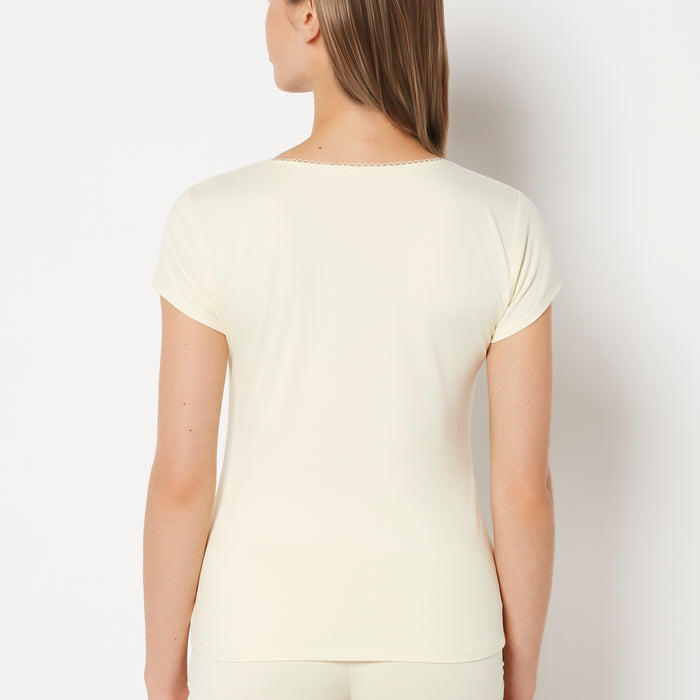 Casual Sleep Jersey V Neck Top With Picot Trim in Lemon Icing