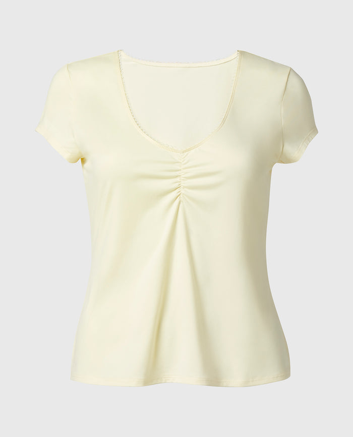 Casual Sleep Jersey V Neck Top With Picot Trim in Lemon Icing