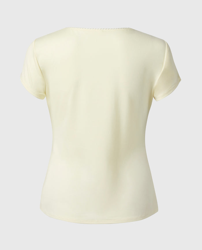 Casual Sleep Jersey V Neck Top With Picot Trim in Lemon Icing