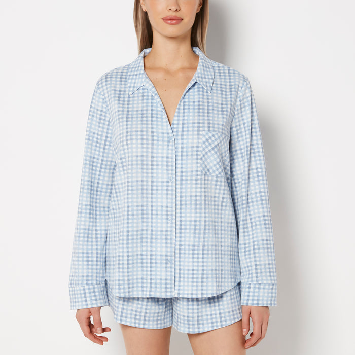 Casual Sleep Long Sleeve Button Down in a Textured Knit in Breezy Gingham