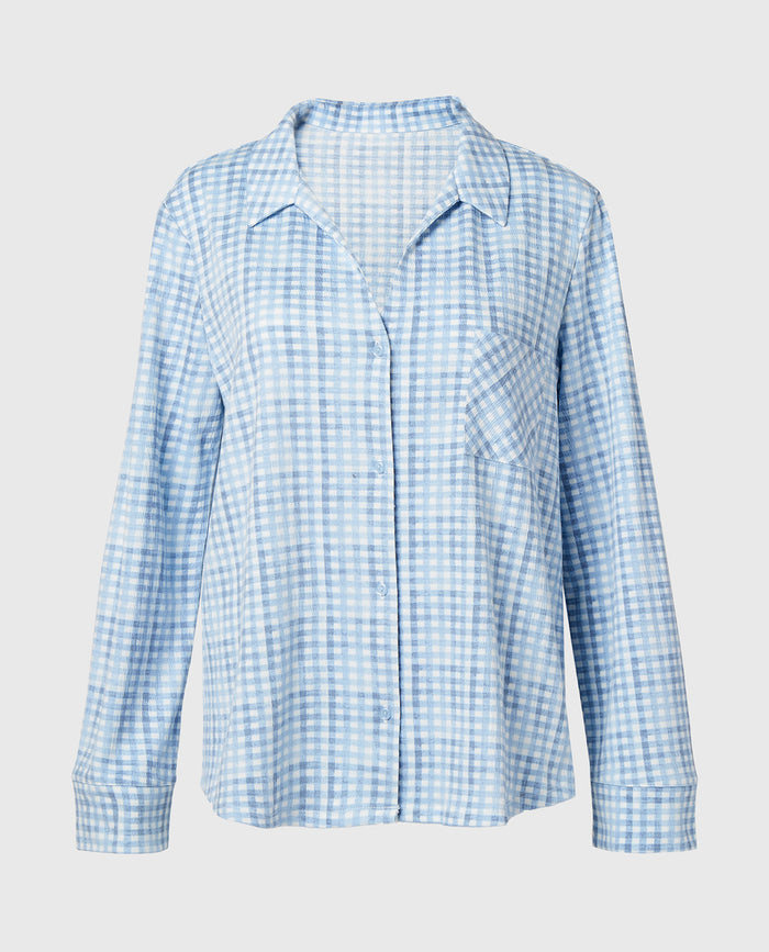 Casual Sleep Long Sleeve Button Down in a Textured Knit in Breezy Gingham
