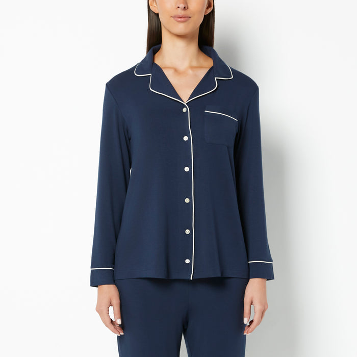 Casual Sleep Long Sleeve Button Down Top in Navy Blazer