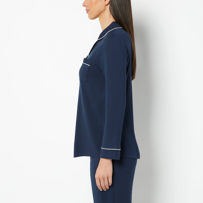 Casual Sleep Long Sleeve Button Down Top in Navy Blazer