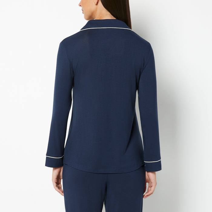 Casual Sleep Long Sleeve Button Down Top in Navy Blazer
